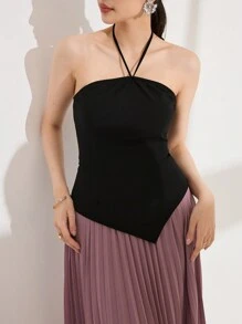 Modelyn Women's Korean Style Fashion Knit Fabric Black Tube Top Neck-Tied Patchwork Color Contrast Ruffle Hem Dress