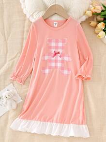 Young Girls Sleepwear Set With Bear, Bowknot, Pink Plaid Pattern, Ruffles Trim, Long Sleeves And White Hem Ruffle - Dusty Pink - View 5