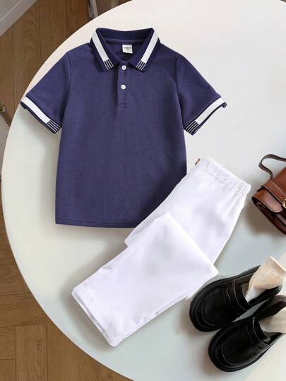 SHEIN Leap Crew 2 件套年轻男孩休闲优雅绅士学院风条纹细节半扣 Polo 衫和松紧腰纽扣白色长裤，适合春夏、日常穿着、运动、郊游、学校、聚会、节日、表演