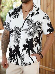 Manfinity RSRT Plus Size Men's Single-Breasted Coconut Tree Hawaiian Print Short Sleeve Shirt - Black - View 4