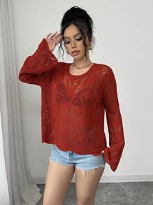 Elenzga Knit Hollow-Out Elegant Simple Long Sleeve Cover Up For Women, Spring/Summer Knit Pullover Fall Winter Sweater - Redwood - View 6