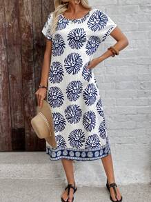 EMERY ROSE Women's Allover Print Round Neck Batwing Sleeve Casual Holiday Dress - Multicolor - View 6