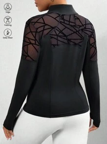 SHEIN Sport Studio Plus Size Branch & Mesh Contrast Thermische Gevoerde Lange Mouw Jas, Sportieve Stijl Voor Herfst/Winter