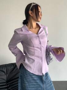Flirla Women Front Button Long Sleeve Striped Casual Shirt, Everyday Wear Fall Cloth For Women - Purple - View 5