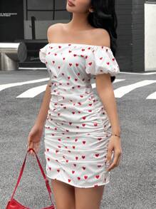 SHEIN Teen Girls Off Shoulder Heart Ruched Waist Puff Sleeve Dress, Suitable For Teen Girls, Casual, Office, Party Wear, Summer Valentine's Day