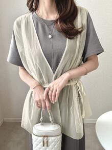 FRIFUL Women's Long Mesh Patchwork Dress Sundress - Grey - View 5