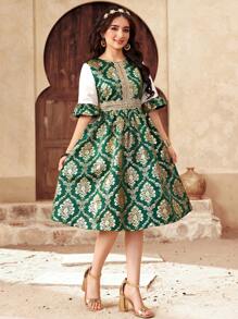 SHEIN Dark Green Glamorous Patchwork Gold Floral  Dress, Princess Style Dress For Teen Girls - Dark Green - View 6
