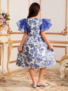 Vestido elegante de fiesta con diseño de parche de jacquard y volantes en el ruedo para niñas preadolescentes - Azul - Ver 2