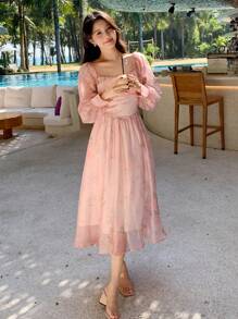 DAZY Vestido de manga larga con cuello cuadrado y estampado floral elegante para mujer - Rosa - Ver 1