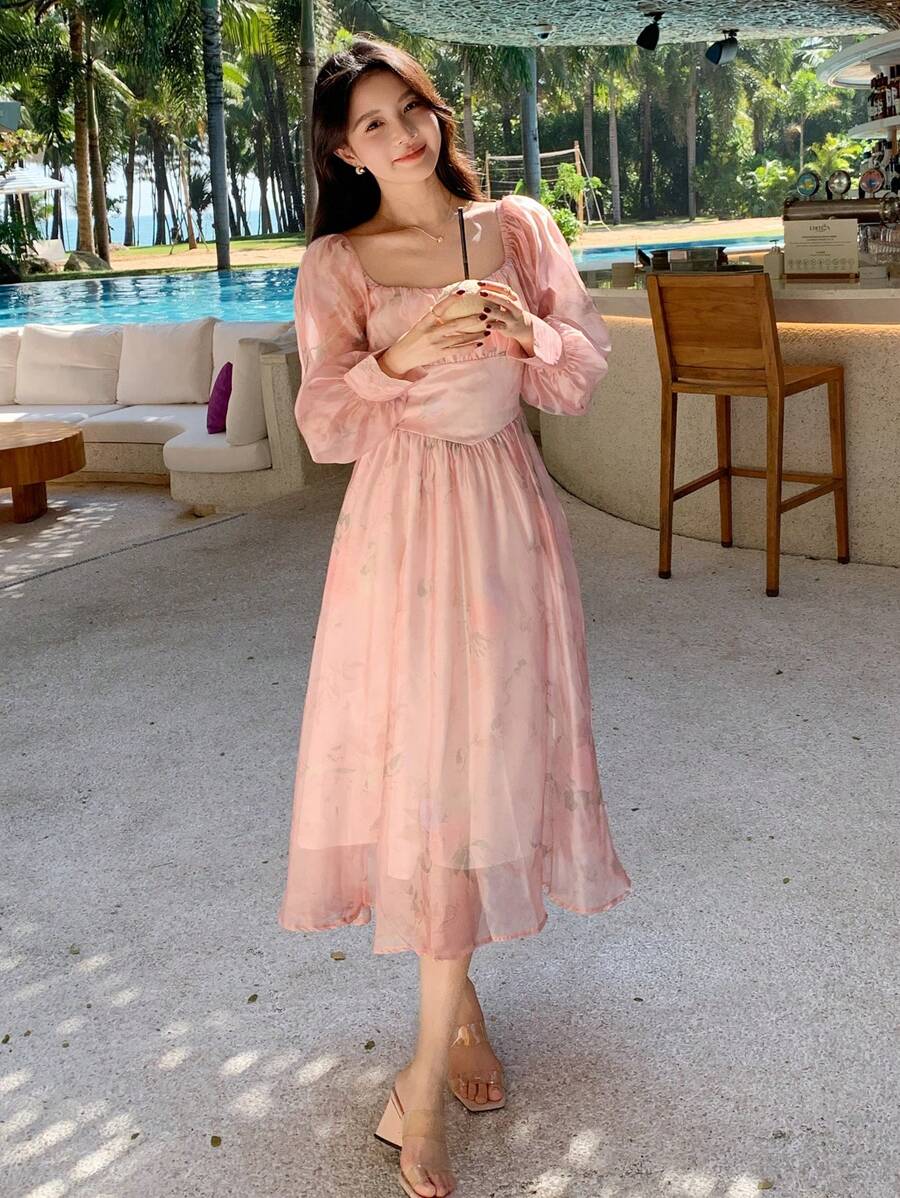 DAZY Vestido de manga larga con cuello cuadrado y estampado floral elegante para mujer - Rosa - Ver 1