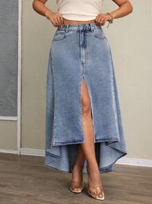 SHEIN SXY 女士休闲牛仔裙，简约时尚街头服饰 - 藍色 - 查看 4