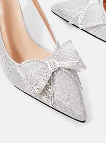 CUCCOO HITCHD Women Silver Rhinestone Bow Point Toe High Heels, Elegant Office Commute Date Wedding Party Formal Pumps
