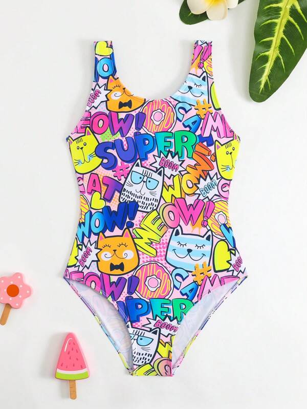 1pc Tween Girl Cool Graphic Print Sleeveless One-Piece Swimsuit, One-Piece Bathing Suit Summer Holiday