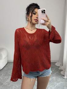 Elenzga Knit Hollow-Out Elegant Simple Long Sleeve Cover Up For Women, Spring/Summer Knit Pullover Fall Winter Sweater - Redwood - View 1