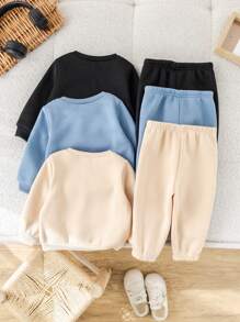 SHEIN Leap Crew 6 件套男婴和女婴休闲字母印花图案连帽衫运动衫 + 宽松裤，6 件套服装适合日常休闲、运动、秋冬 - 卡其色 - 查看 2