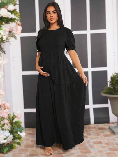 Loomaby Maternity Dress Short Sleeve, Solid Color, Casual And Stylish For Daily Wear