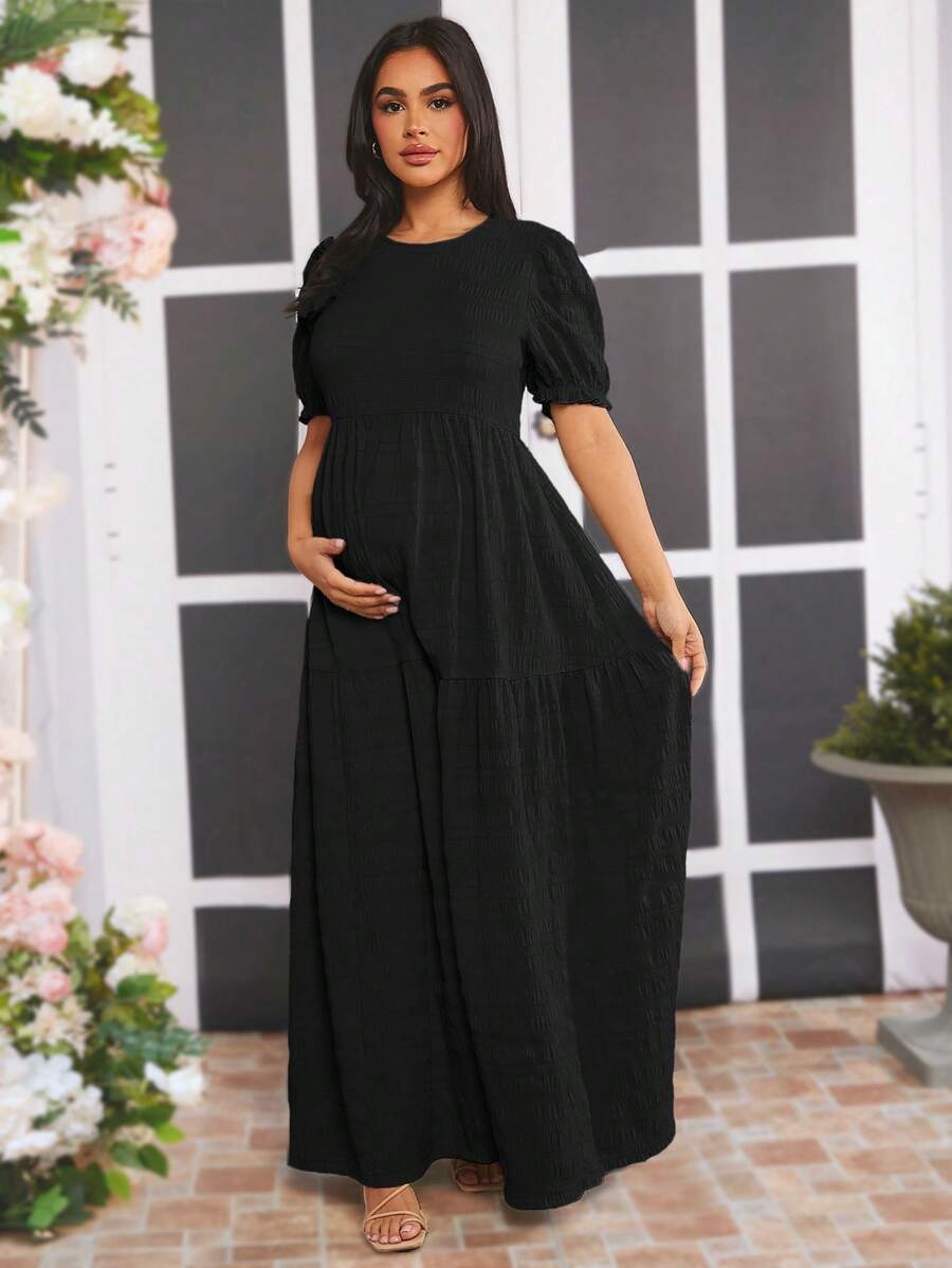 Loomaby Vestido de maternidad de manga corta, unicolor, casual y elegante para el uso diario - Negro - Ver 1