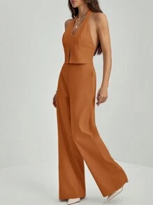 SHEIN Tall Áo thun hở lưng cổ chữ V không tay + quần ống rộng, bộ đồ bó và dài cho nữ công sở - màu nâu - Xem 4