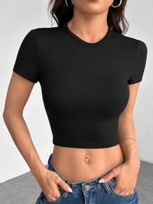 SHEIN PETITE Conjunto de 4 camisetas de mujer de manga corta, de cuello redondo, ajustadas, adecuadas para el verano, en color negro, blanco y gris con estampado floral