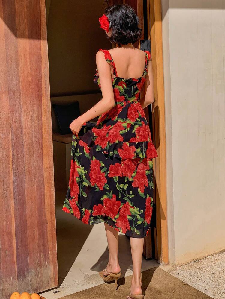 Mid/Long Length Floral V-Neck Ruffle Hem Dress For Women Sundress Boho