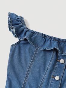 SHEIN MOD Women's Denim Bib Overalls & Jumpsuit Casual Off Shoulder Shorts - Blue - Medium Wash - View 4