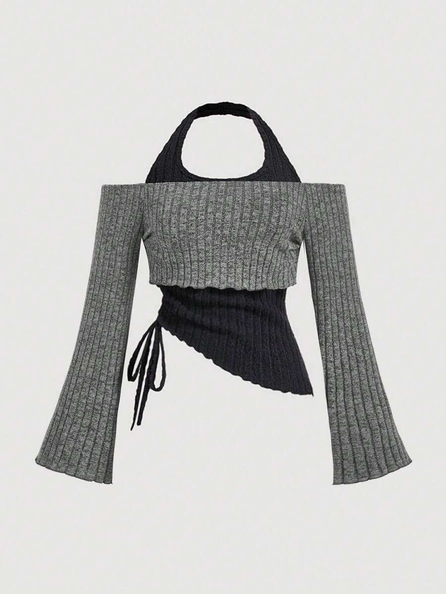 SHEIN MOD 大码露肩深灰色和黑色喇叭袖 T 恤，不对称下摆，二合一 T 恤，秋冬女式 T 恤，返校节，商务休闲女式 T 恤，教师，外出服装，办公室服装，返校女式 T 恤，女式工作上衣，修身衬衫，衬衫，说唱歌手衬衫，韩国时尚，文艺复兴博览会，老钱风格，新年，情人节 - 深灰色 - 查看 1