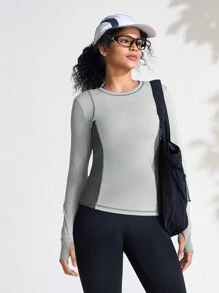 SHEIN Sports Casual Color Block Splice Long Sleeve Elastic Skin-Friendly Outdoor T-Shirt - Grey - View 9