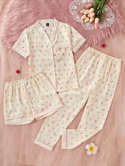 少女荷叶边碎花睡衣三件套