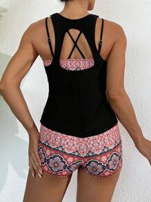 Swim Lushoire Sommar Dam Paisley Print Byst Stöd Spaghetti Strap Tankini 3-delad Set, Vacation Casual - Multifärgad - Visa 3