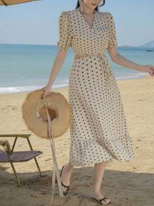 DAZY Women's 2 Pieces Set: Polka Dot V-Neck Puff Sleeve Cropped Blouse And Ruffle Hem Skirt