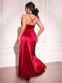 Viva Relle Váy Maxi Dệt Kim Viền Chia Lấp Lánh Cho Nữ, Ngày Lễ Tình Nhân - Đỏ - Xem 2