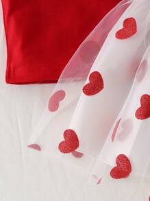 SHEIN 2pcs/Set Young Girl Lush Round Neck Cap Sleeve Cropped Bow Top And High Waist Glitter Heart Tulle Skirt, Valentine's Day Clothes Outfit - Red - View 7