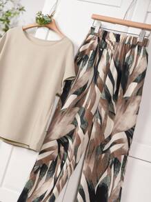 Rusticease 女士纯色圆领短袖上衣和花卉印花阔腿裤套装，适合夏季两件套服装 - 卡其色 - 查看 3