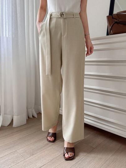DAZY Women's Solid Color Waistband Casual Commuter Straight Leg Suit Pants Business Attire