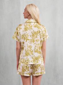 TryMe Garden Print Lapel Collared Button Down Short Sleeve Satin Pajama Set - Green - View 2