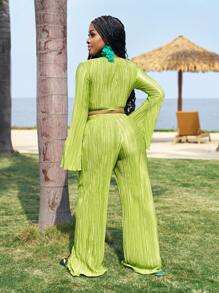 Slaydiva Spring/Summer New Women's Elegant Pleated Flare Sleeve Top And Pants Set, Versatile For Party, Banquet, Casual, Vacation, Cruise Travel, Beach, Sundress