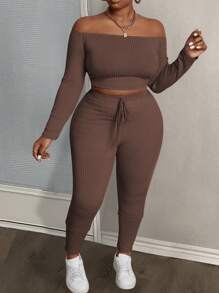 Slaydiva Plus Size Solid Color Ribbed Off Shoulder Crop Top And Fitted Leggings 2 Pieces Set For Casual & Sports Wear, Spring And Autumn - Brown - View 1