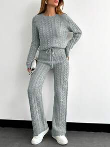 SHEIN PETITE Women Casual Minimalist Cable Knitted Sweater And Pants Set, Suitable For Autumn/Winter - Light Grey - View 5