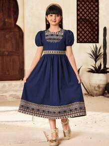 SHEIN Tween Girl Elegant Geometric Print Puff Sleeve Mini Dress