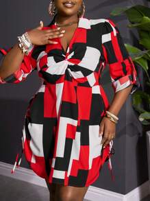 Slaydiva Plus Size Women Geometric Print Twist Front Ruffle Sleeve Midi Dress - Multicolor - View 7