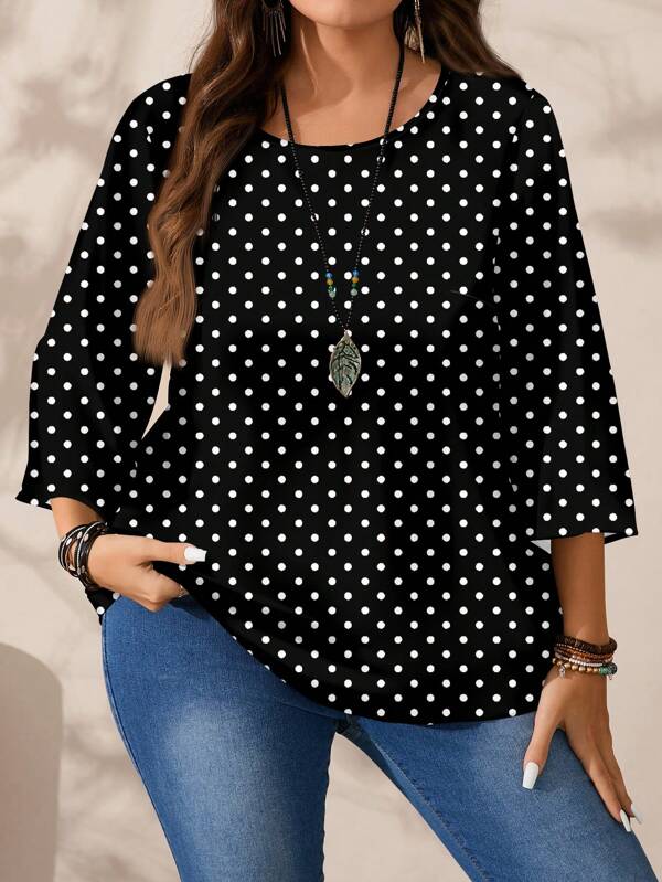 EMERY ROSE Casual Minimalist All-Over Printed Plus Size Round Neck 3/4 Sleeve Shirt, Suitable For Autumn/Winter