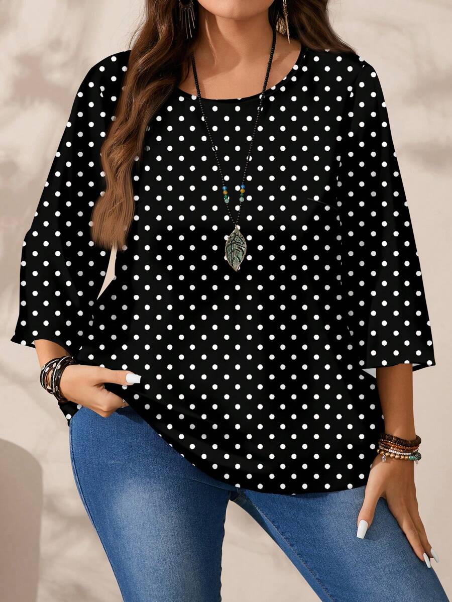 EMERY ROSE Casual Minimalist All-Over Printed Plus Size Round Neck 3/4 Sleeve Shirt, Suitable For  Chic Blouses For Women,Spring/Summer/Vacation - Multicolor - View 1