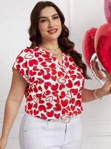 SHEIN Clasi Valentine's Day Plus Size V-Neck Short Sleeve Allover Heart Print Casual Blouse, Everyday Wear,Spring/Summer Outfits For Women - Multicolor - View 4