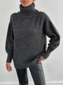EURMUSE 女士纯色高领落肩长袖灰色毛衣，秋冬 - 深灰色 - 查看 3