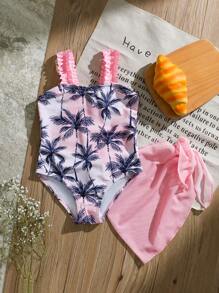 1pc Young Girl Coconut Tree Print One-Piece Swimsuit - Multicolor - View 3