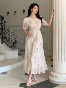 DAZY Women's Elegant Flower All-Over Embroidered Puff Sleeve Dress Sundress - Beige - View 2