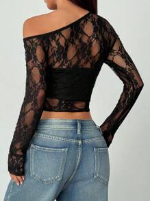 StreetHx Black Floral Lace See-Through Asymmetrical Ruched Tight Fitted Long Sleeve Crop Top, Fashionable Minimalist Elegant Sexy For Dates, Gatherings, Parties, Festivals, Spring/Summer Women