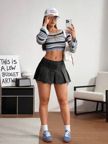 SHEIN EZwear Minifalda vaquera casual con dobladillo deshilachado y plisado para mujer