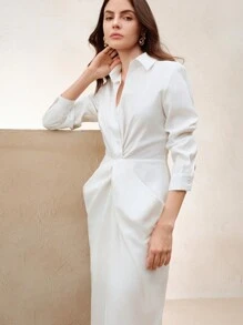 Anewsta Elaire 法国高端时尚腰部褶皱设计 V 领修身莱赛尔长款女士衬衫裙 Old Money - 白色 - 查看 4