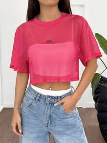 SHEIN EZwear Fuchsia Pink Mesh Relaxed Fit Round Neck Short Sleeve Casual Top For Women - Hot Pink - View 5